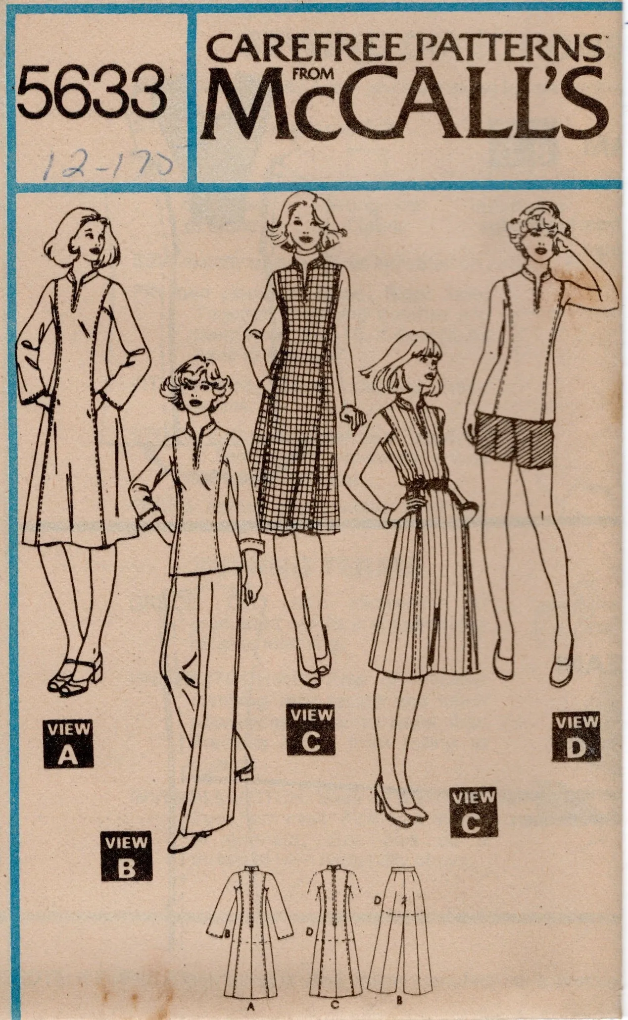 1970's McCall's Princess Line Dress or Tunic and Pants or Shorts Pattern  - Bust 34-36" - No. 5633