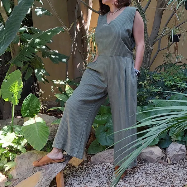 23K5 Linen Striped Jumpsuit-Olive