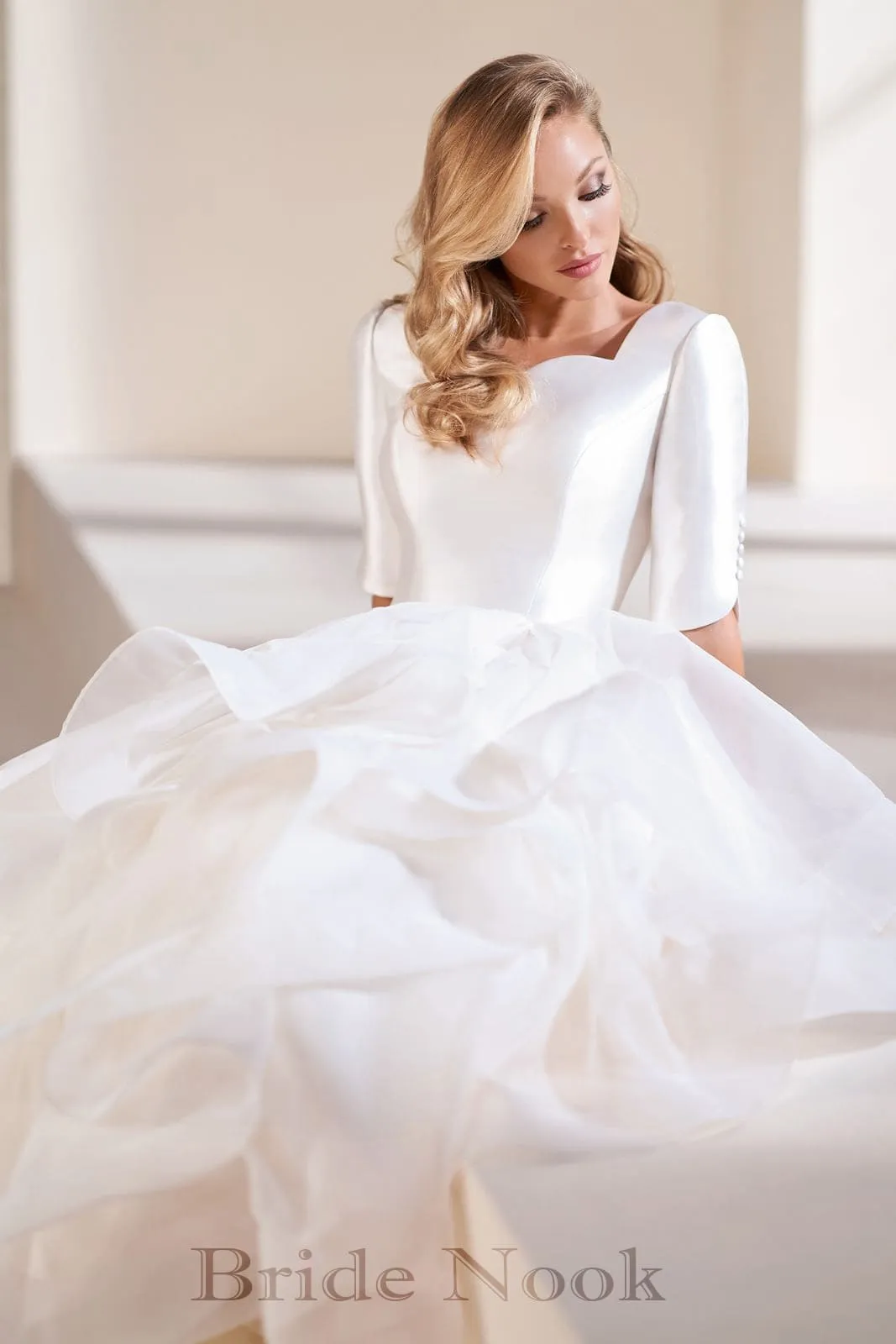 A Line Modest Wedding Gowns With Sweet Heart Neck Ruffle Wedding Dress | Bride Nook