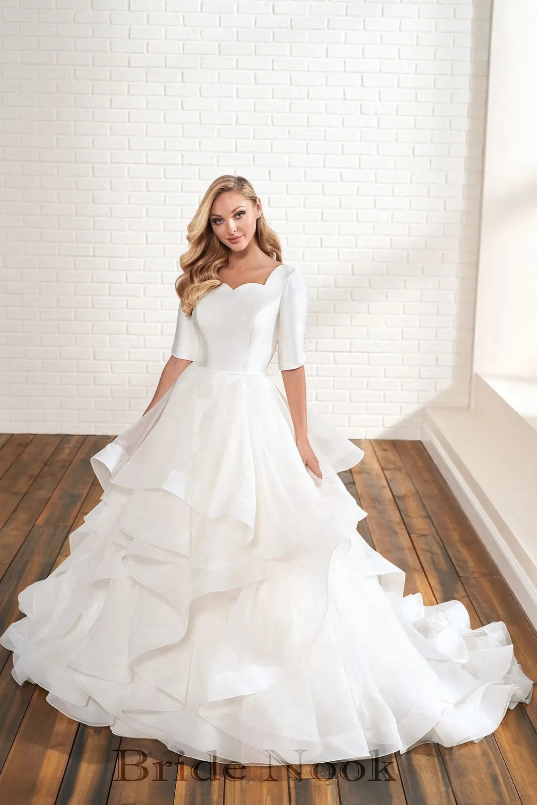 A Line Modest Wedding Gowns With Sweet Heart Neck Ruffle Wedding Dress | Bride Nook