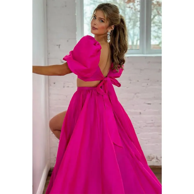 A-line Square Bowknot Two-piece Pink Long Prom Dress with Slit Evening Gowns