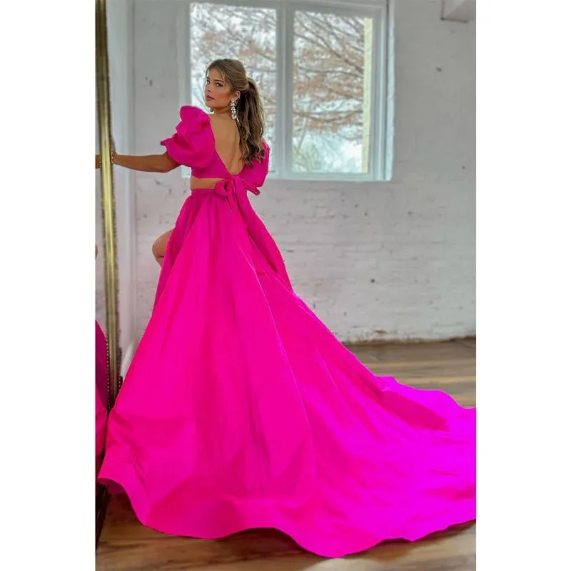 A-line Square Bowknot Two-piece Pink Long Prom Dress with Slit Evening Gowns