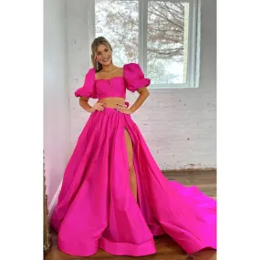 A-line Square Bowknot Two-piece Pink Long Prom Dress with Slit Evening Gowns