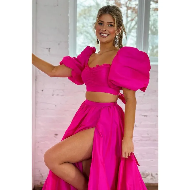 A-line Square Bowknot Two-piece Pink Long Prom Dress with Slit Evening Gowns