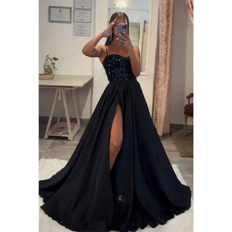 A-line Sweetheart Sequined Top Long Sparkly Prom Dress with Slit