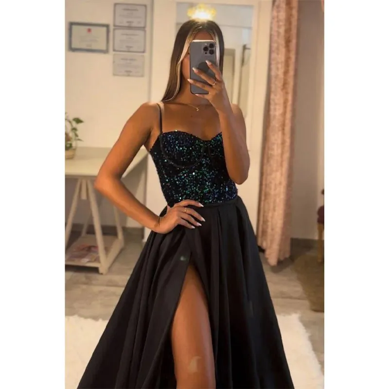 A-line Sweetheart Sequined Top Long Sparkly Prom Dress with Slit