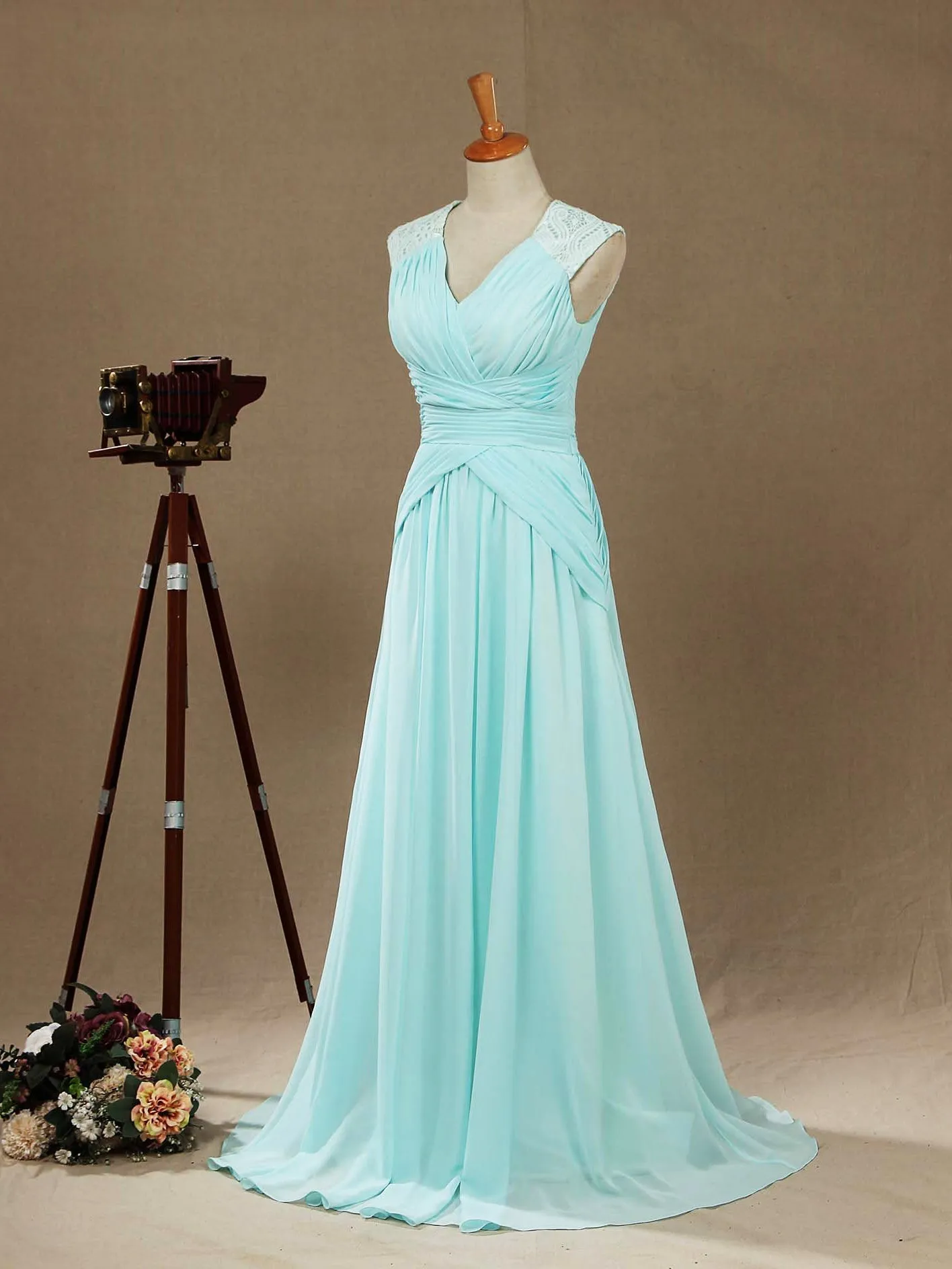 A-Line V-neck Floor Length Chiffon Formal Evening Dress with Lace Shoulder Straps