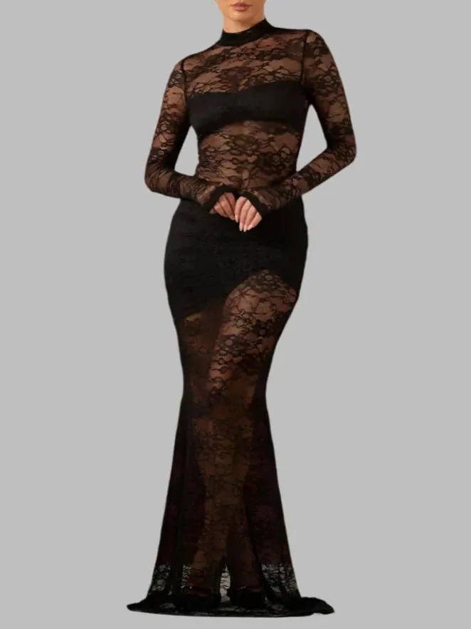 A&A Lace Long Sleeve Sheer Bodysuit And Maxi Skirt Set