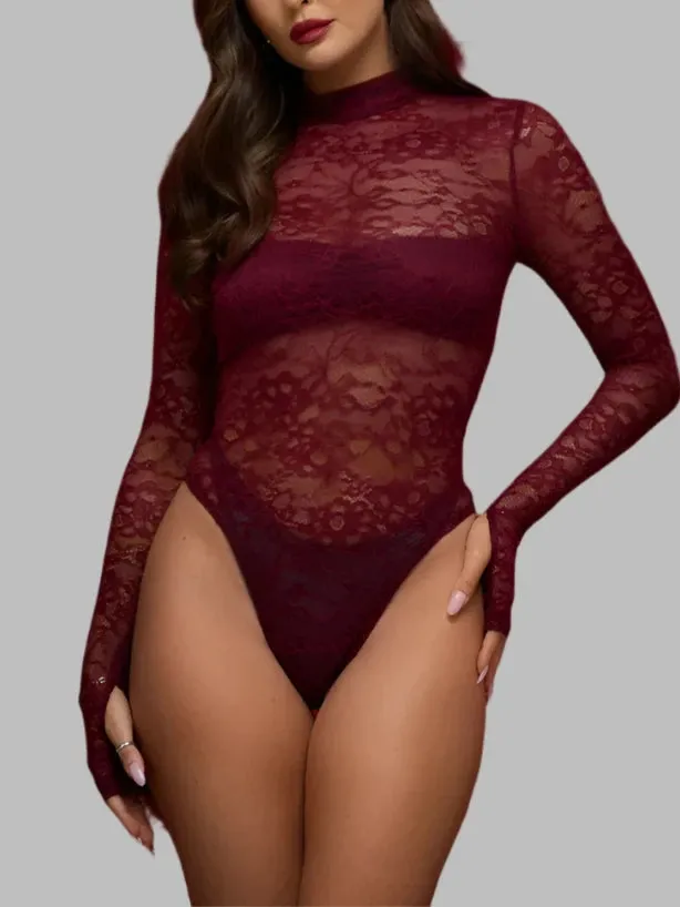 A&A Lace Long Sleeve Sheer Bodysuit And Maxi Skirt Set