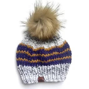 Adult Stripe Knit Pom Hat | Marble   Mustard Yellow   Purple