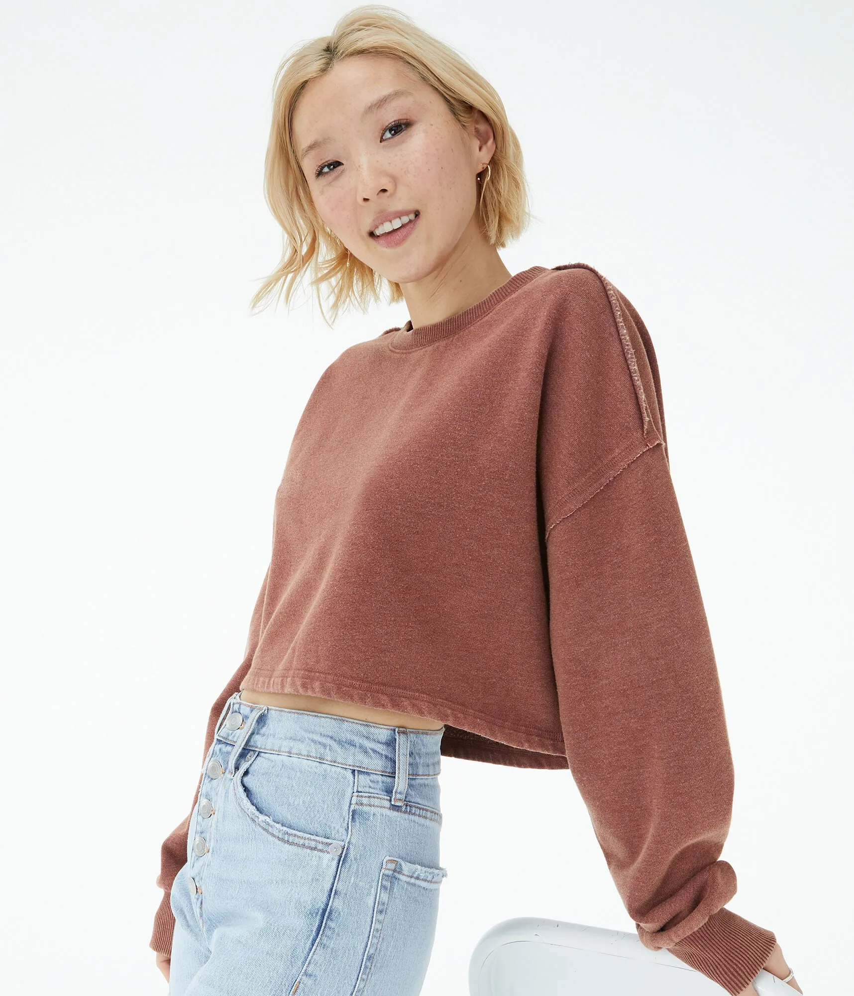 Aeropostale Solid Cropped Crew Sweatshirt***