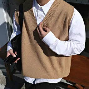 Aidase Sweater Vest Men V-neck Solid Simple Casual 2XL Oversize Spring Autumn Mens Vests Chic All-match Preppy Style Daily Outwear New