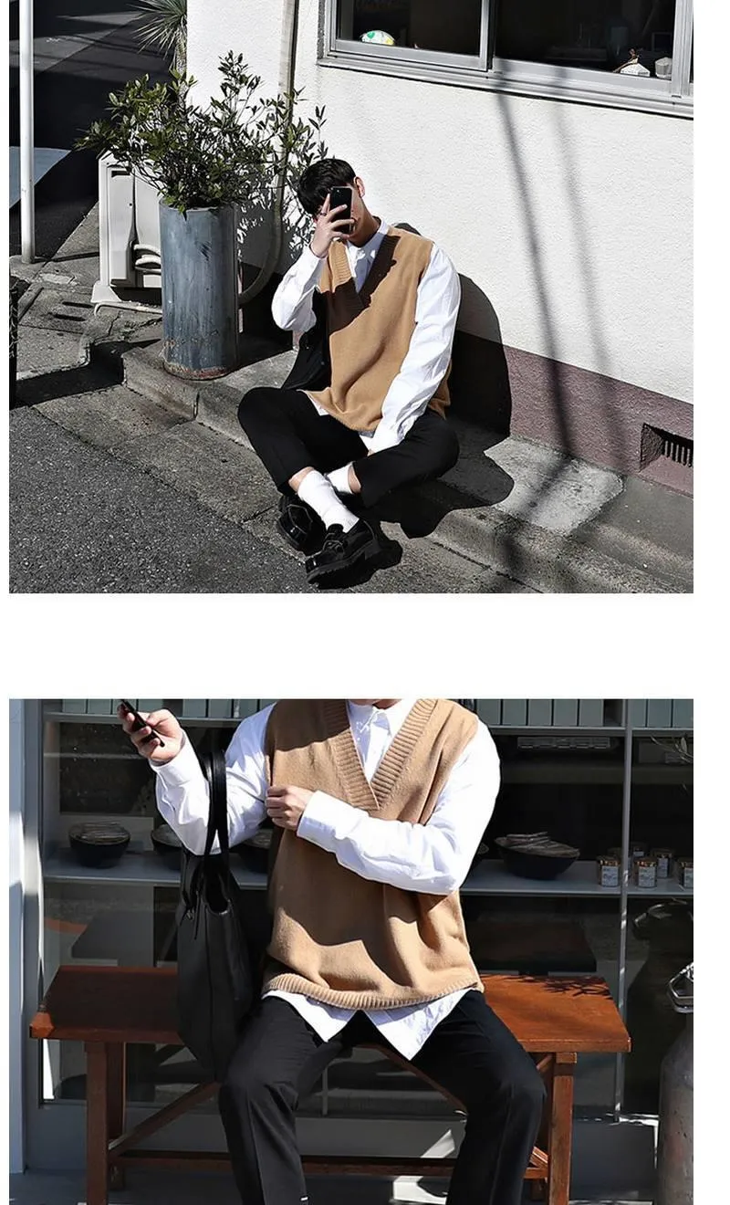 Aidase Sweater Vest Men V-neck Solid Simple Casual 2XL Oversize Spring Autumn Mens Vests Chic All-match Preppy Style Daily Outwear New