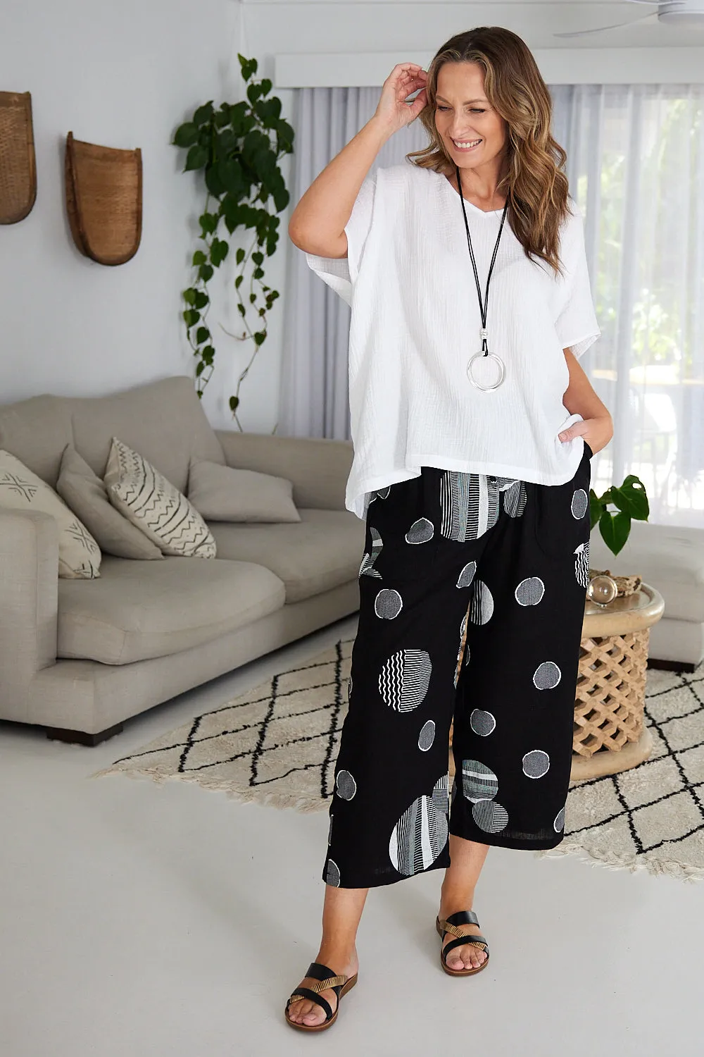 Aiko Linen Pants - Black Circle Print