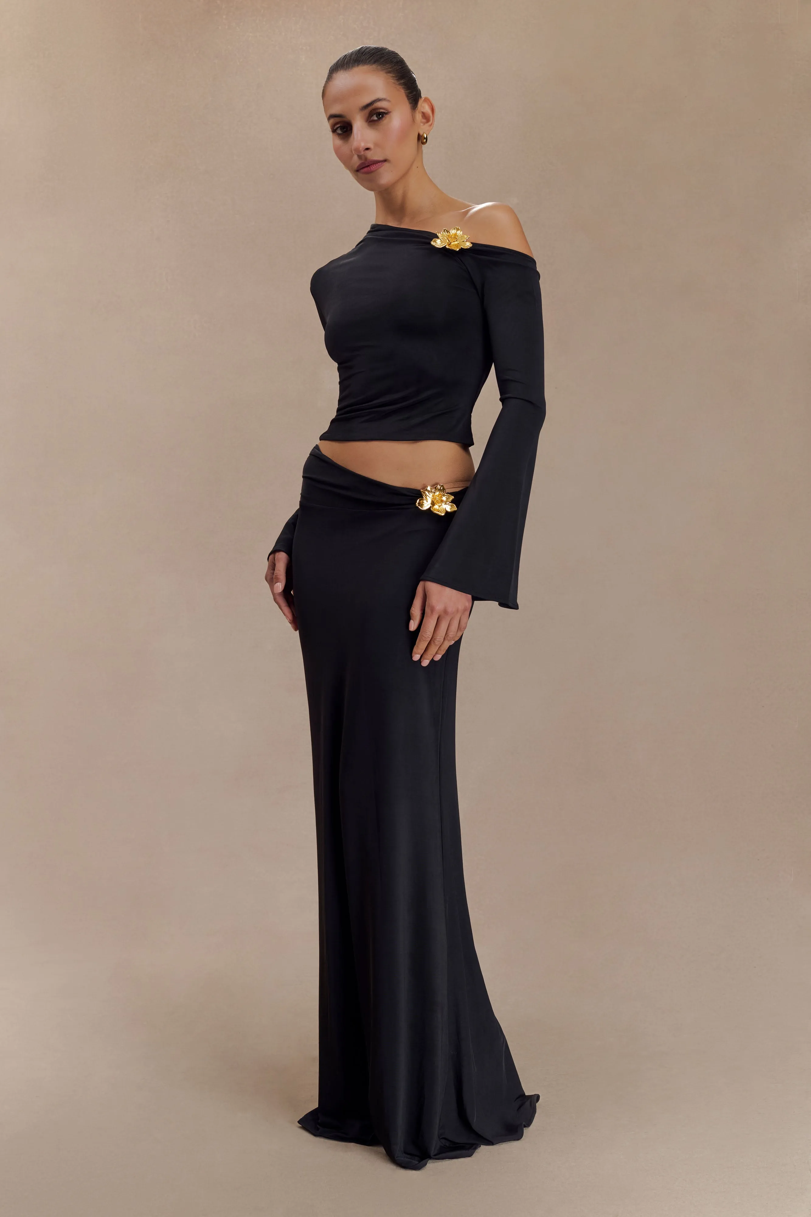 Ainsley Asymmetrical Maxi Skirt With Floral Hardware - Black