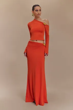 Ainsley Asymmetrical Maxi Skirt With Floral Hardware - Burnt Orange