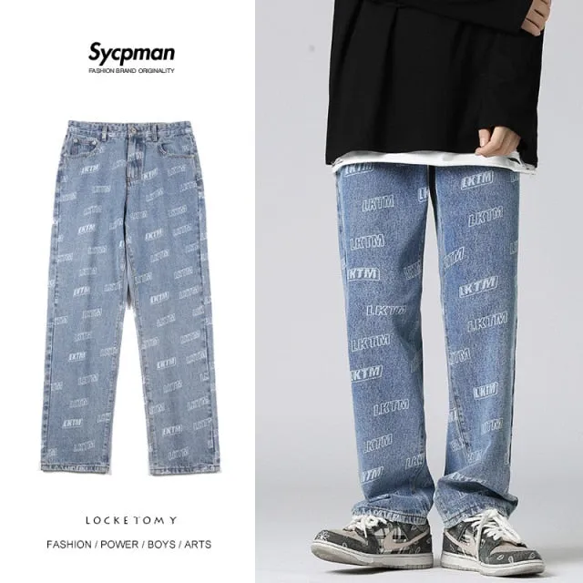 American retro jacquard jeans loose leg pants straight tube pants