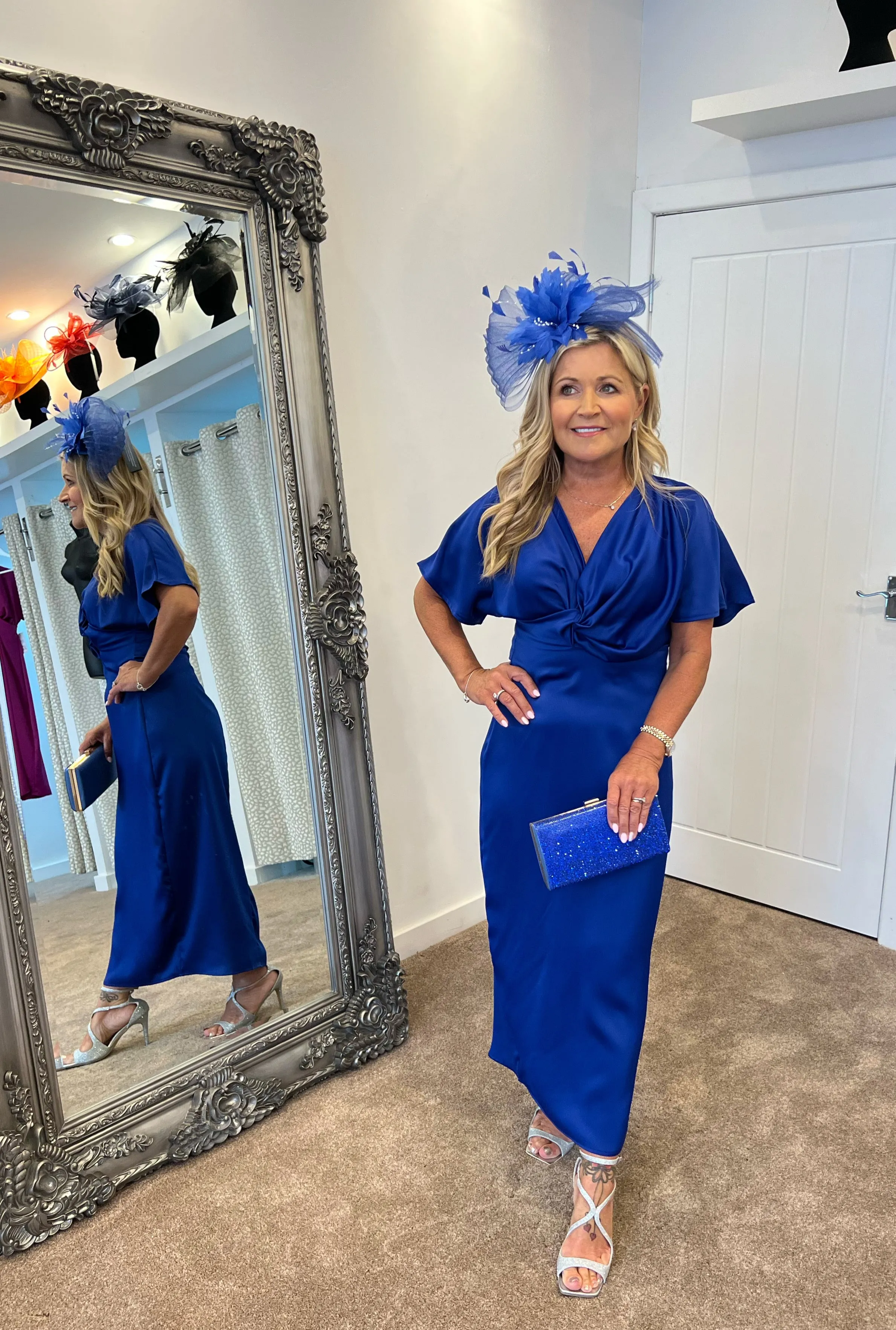 Angel sleeve satin twist midi dress royal blue