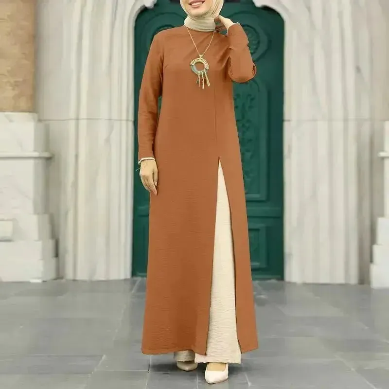 ArabWomen Plain Split Long sleeve Abaya Dress