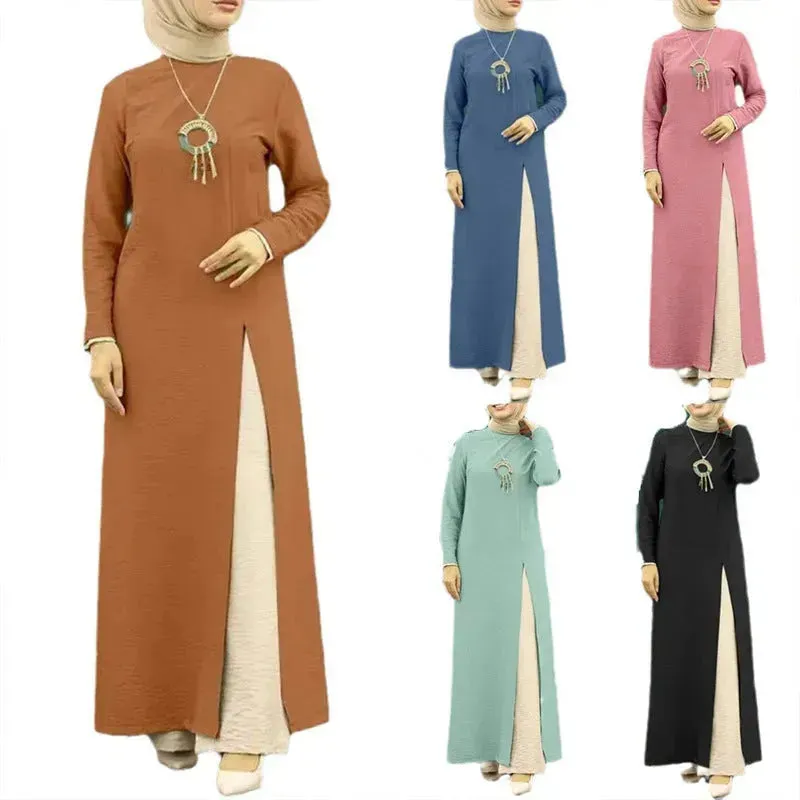 ArabWomen Plain Split Long sleeve Abaya Dress