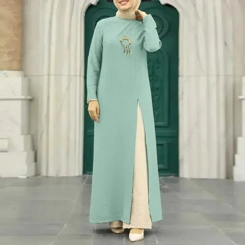 ArabWomen Plain Split Long sleeve Abaya Dress