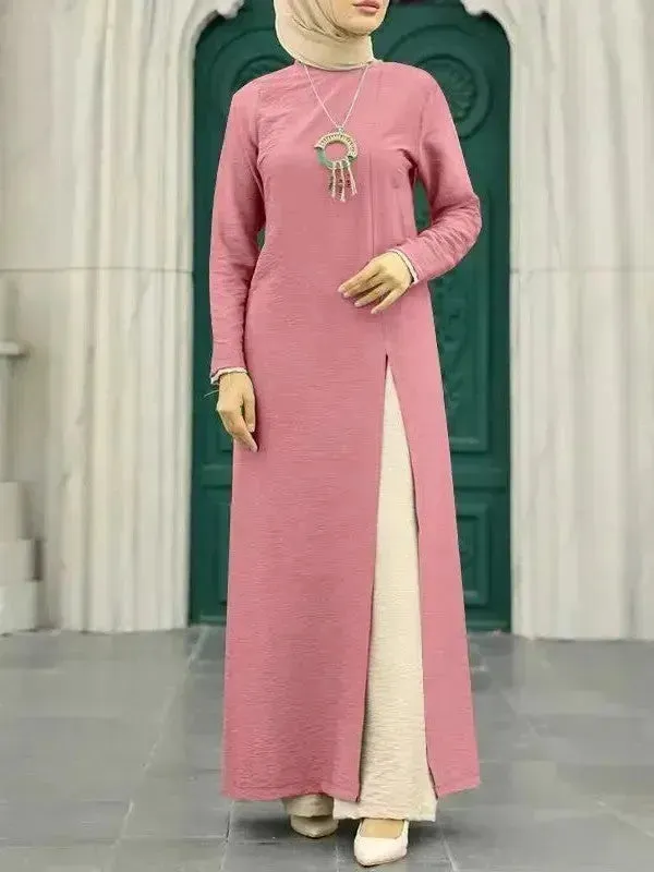 ArabWomen Plain Split Long sleeve Abaya Dress