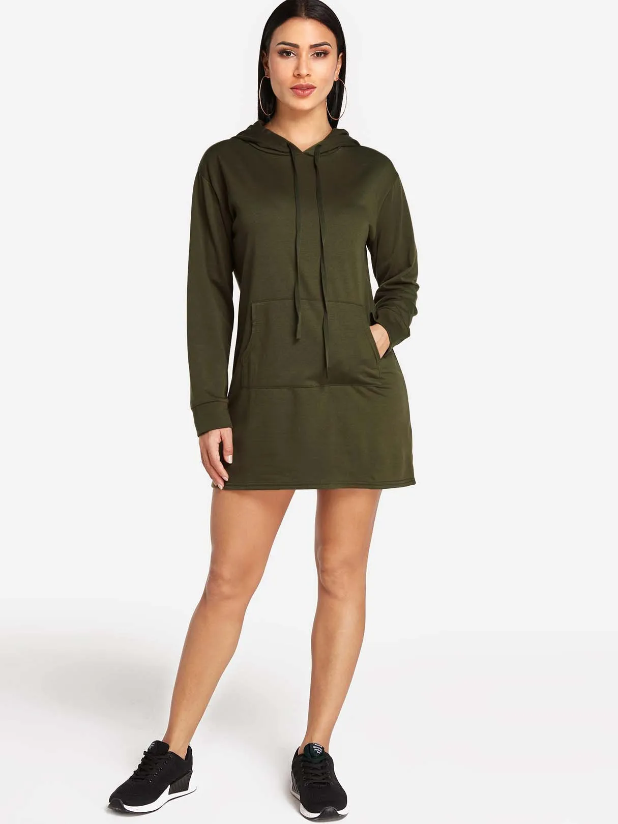 Army Green Pullover Long Sleeve Plain Side Pockets Hooded Shirt Dress