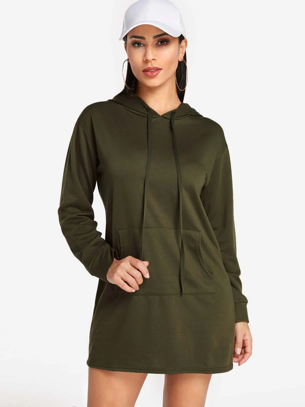 Army Green Pullover Long Sleeve Plain Side Pockets Hooded Shirt Dress