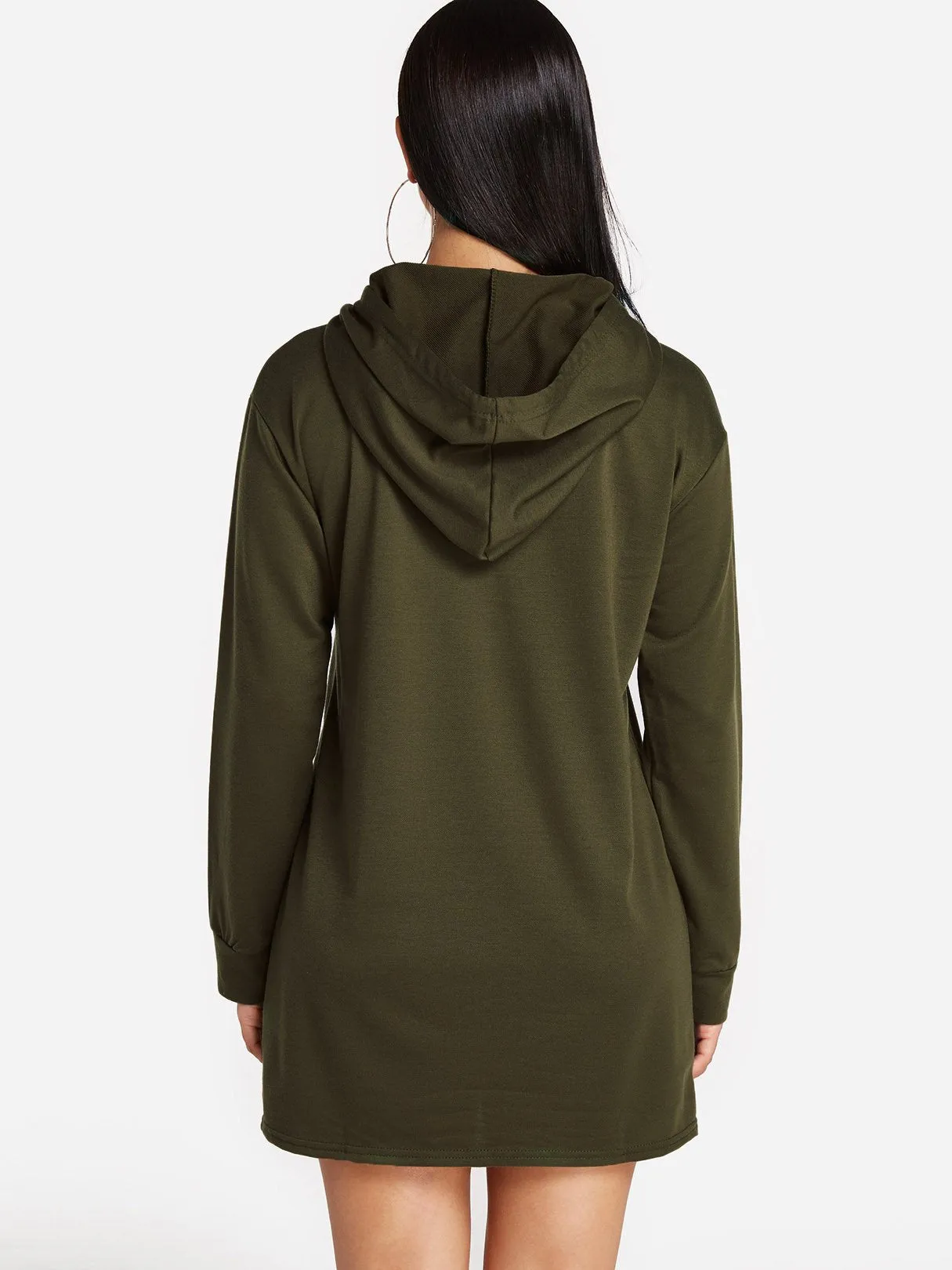 Army Green Pullover Long Sleeve Plain Side Pockets Hooded Shirt Dress