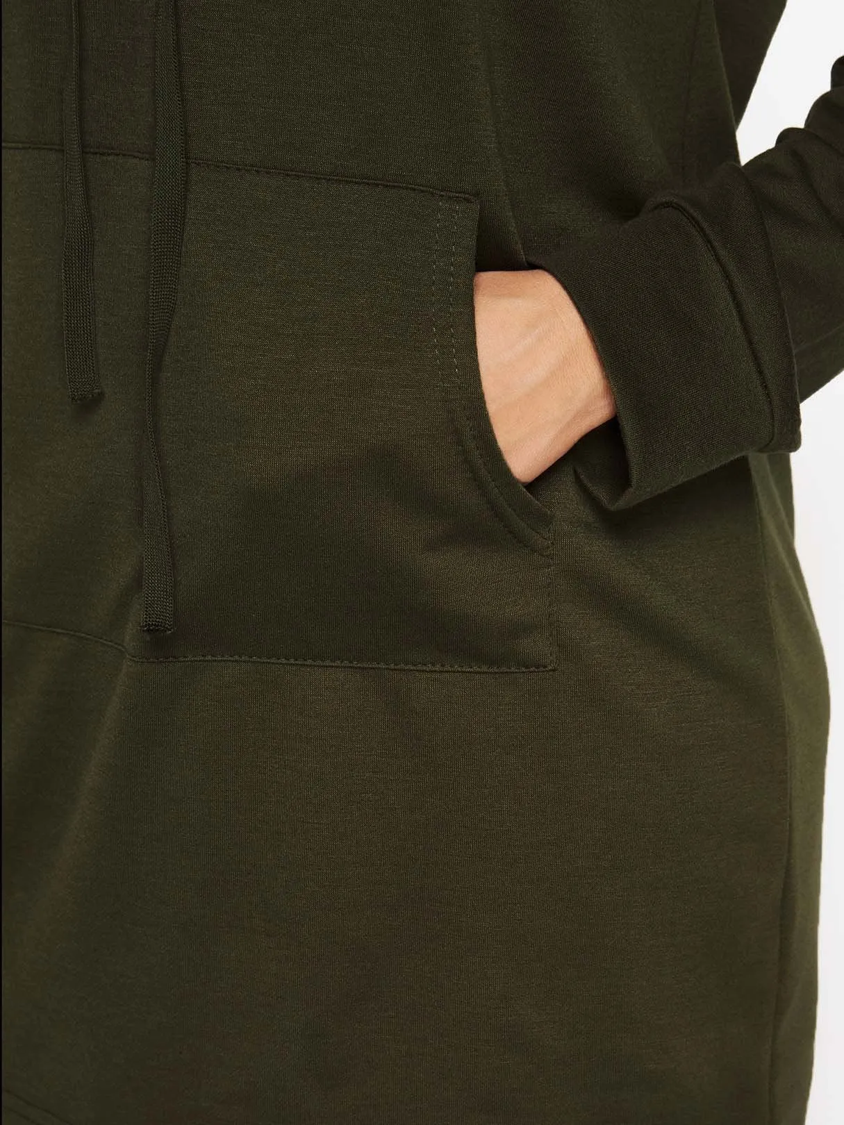 Army Green Pullover Long Sleeve Plain Side Pockets Hooded Shirt Dress