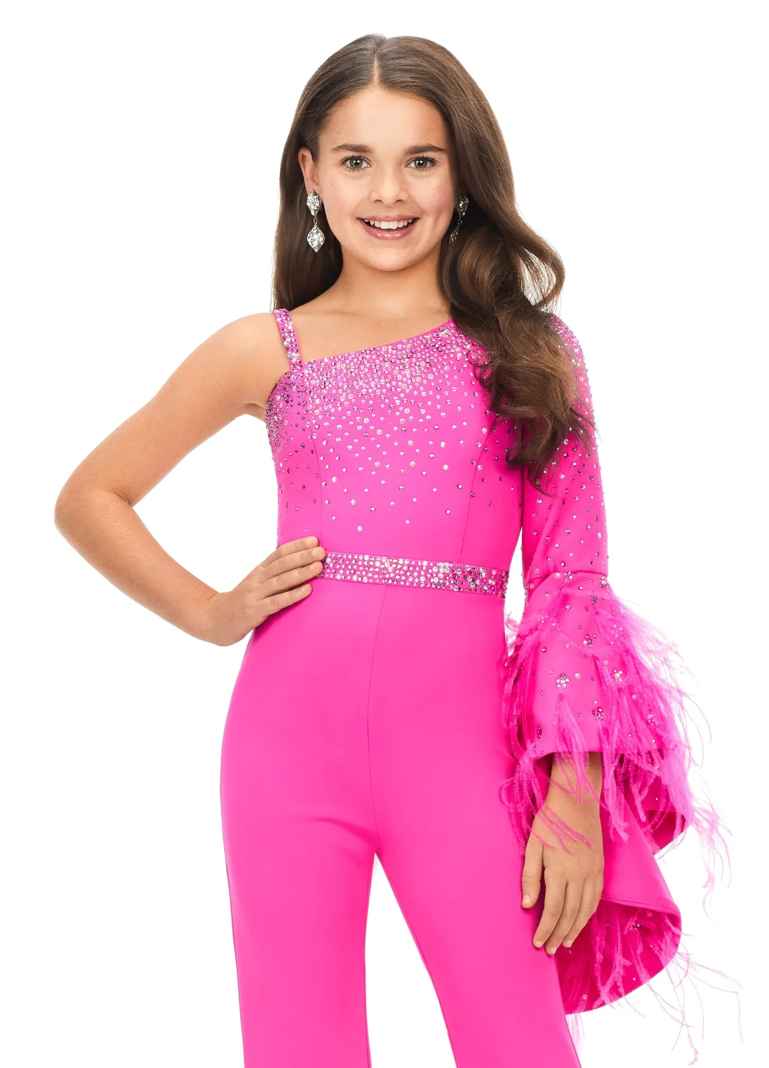 Ashley Lauren Kids 8178 Size 12 Fuchsia Girls Jumpsuit Scuba One Shoulder Jumpsuit with Bell Sleeve