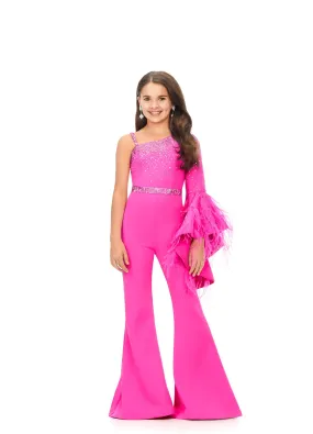 Ashley Lauren Kids 8178 Size 12 Fuchsia Girls Jumpsuit Scuba One Shoulder Jumpsuit with Bell Sleeve