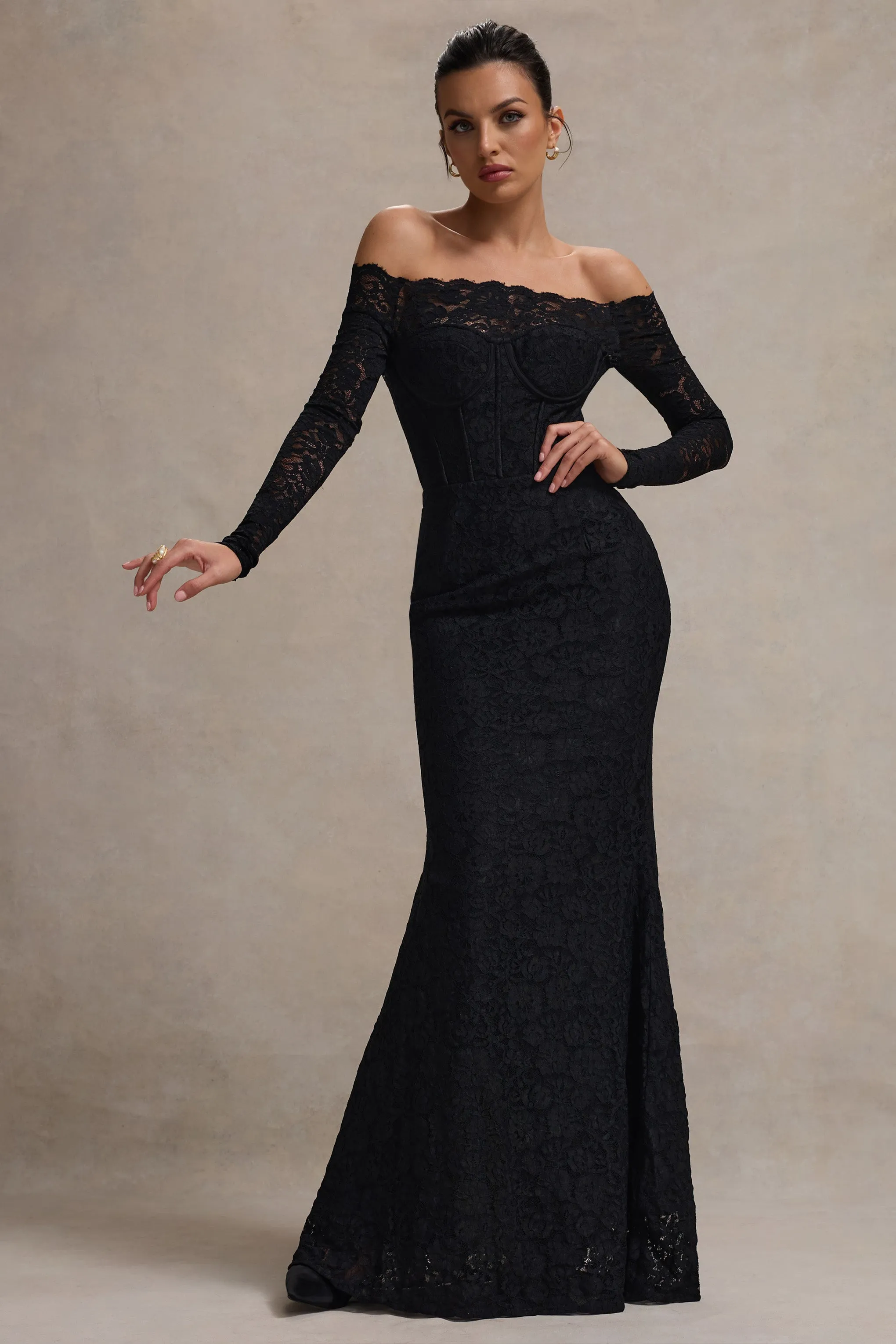 Astoria | Black Lace Bardot Maxi Dress With Chiffon Skirt