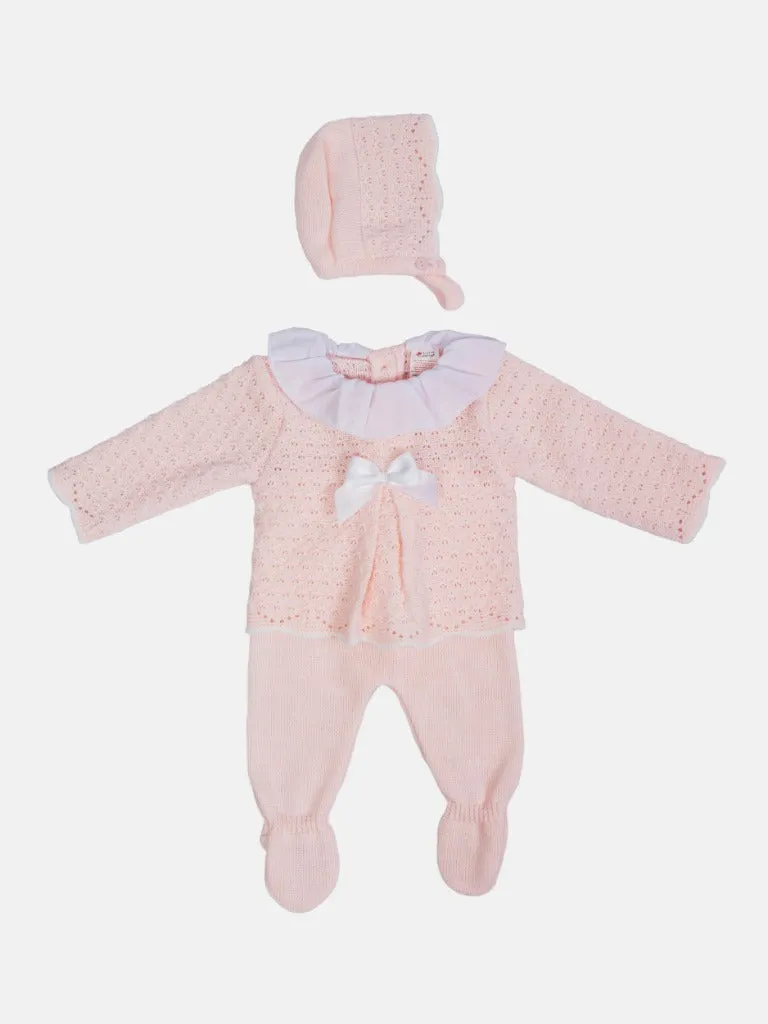 Baby Girl Mia Collection 3-piece Knitted Set with Bow and Bonnet-Baby Pink