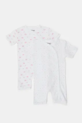 Baby White And Pink Printed Romper Set (Pack Of 2)