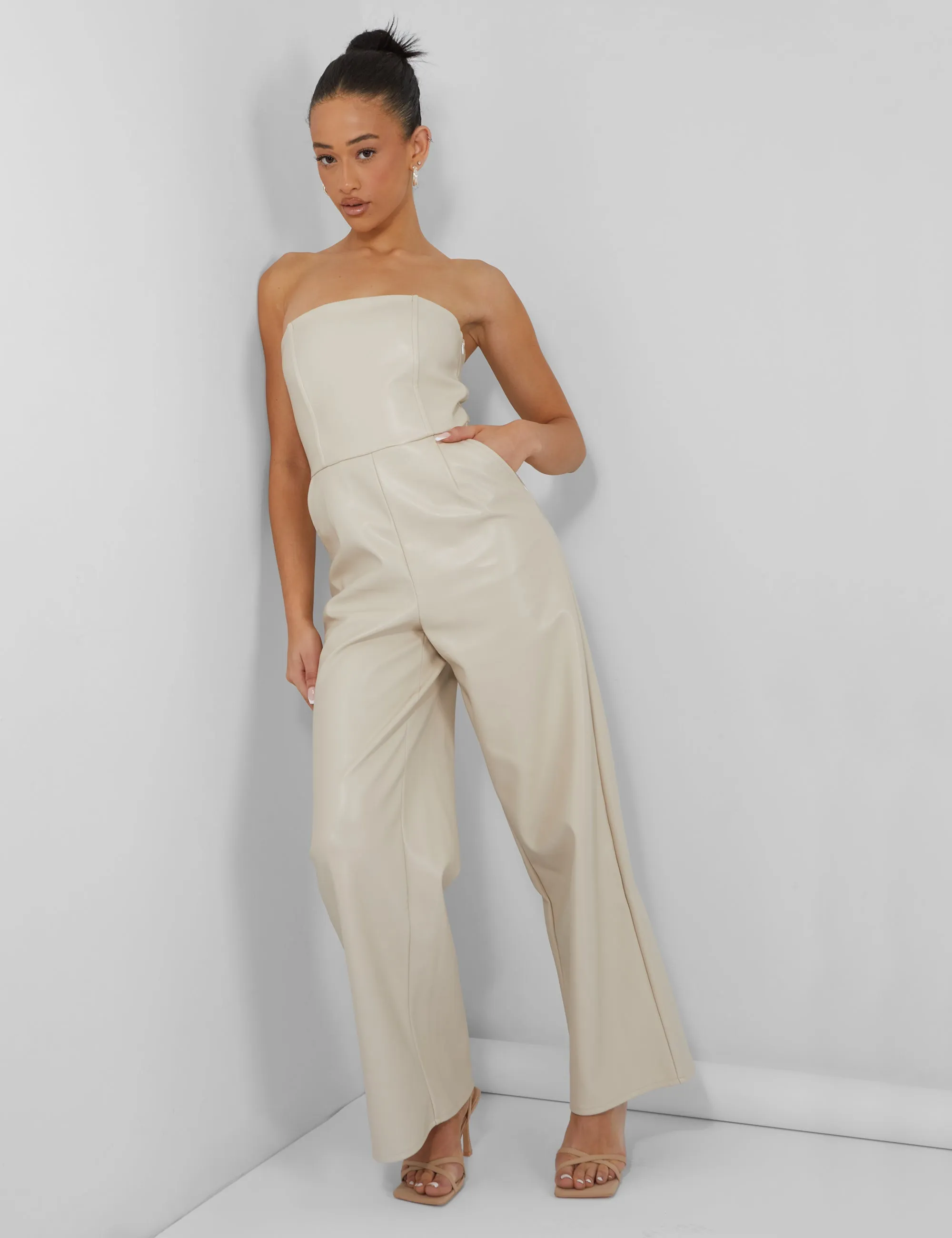 Bandeau Tailored Wide Leg Jumpsuit Stone