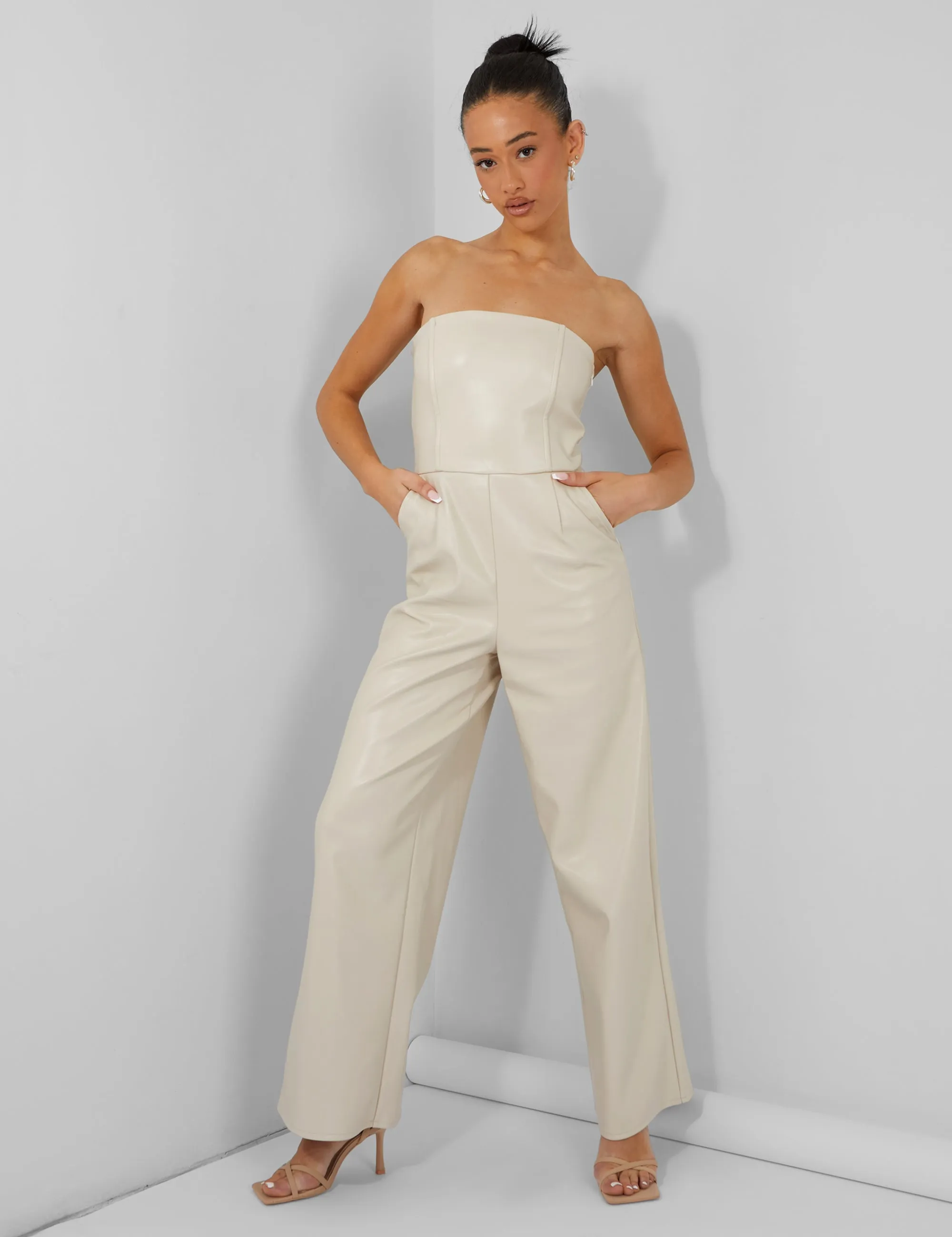 Bandeau Tailored Wide Leg Jumpsuit Stone