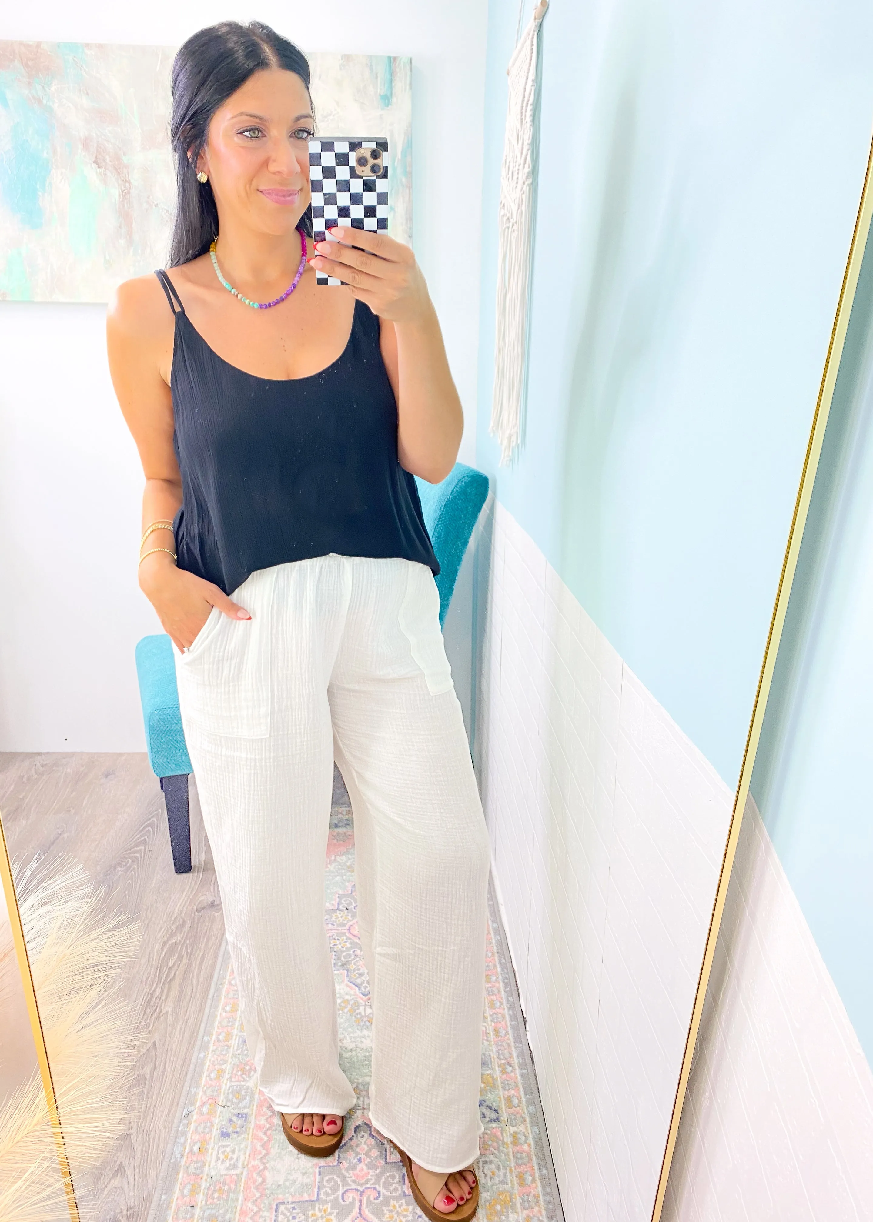 'Beachcomber' White Gauze Lightweight Wide Leg Pants