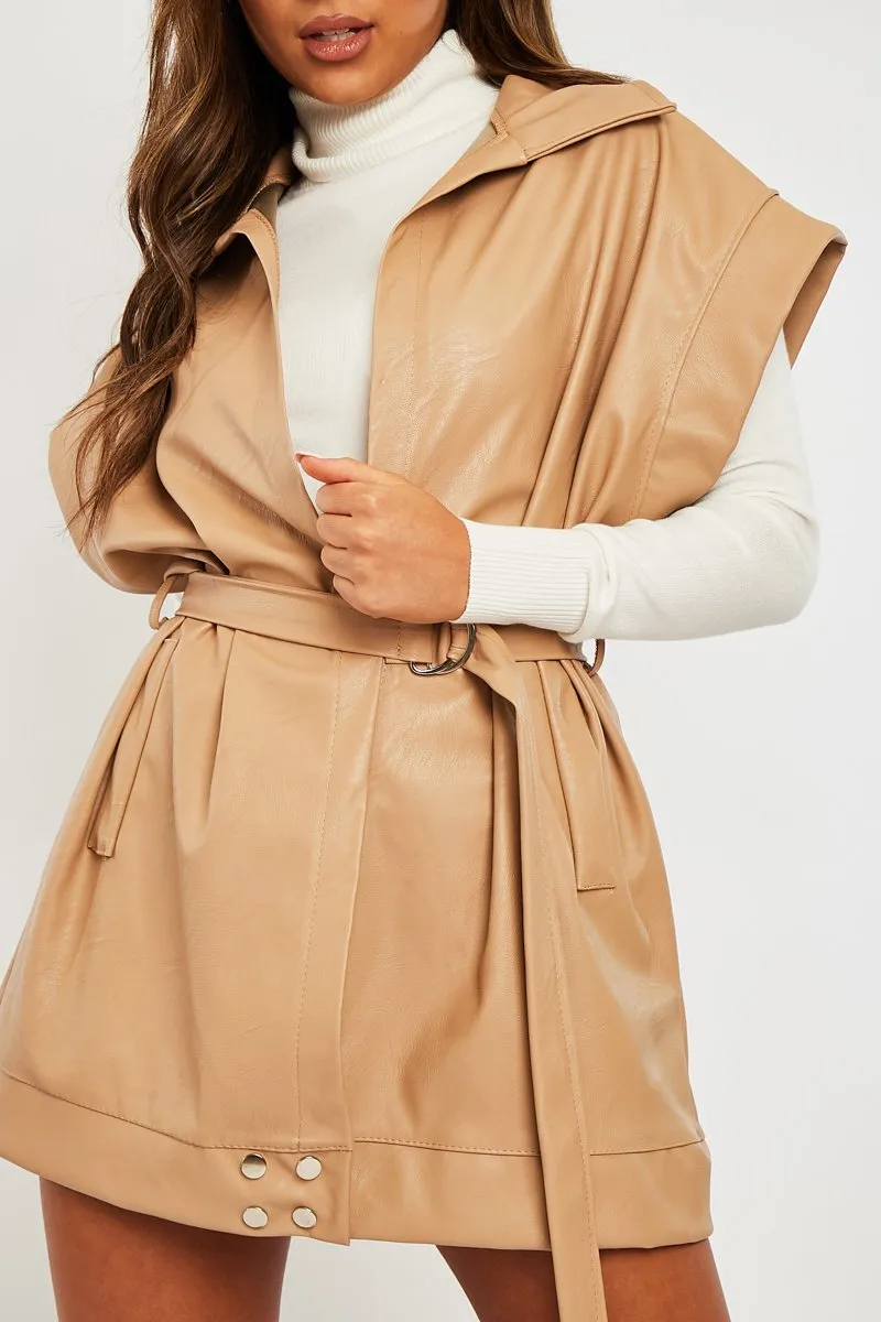 Beige Faux Leather Plunge Belted Dress - Jaice