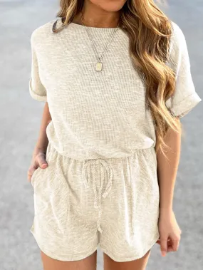 Beige Ribbed Drawstring Romper with Pockets