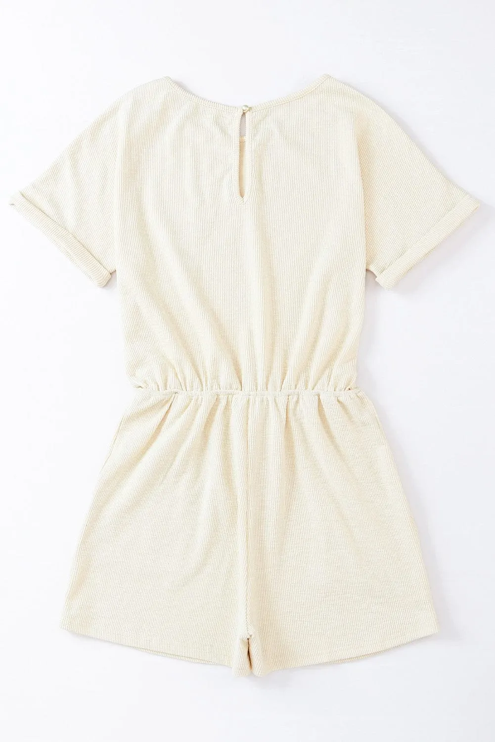 Beige Ribbed Drawstring Romper with Pockets