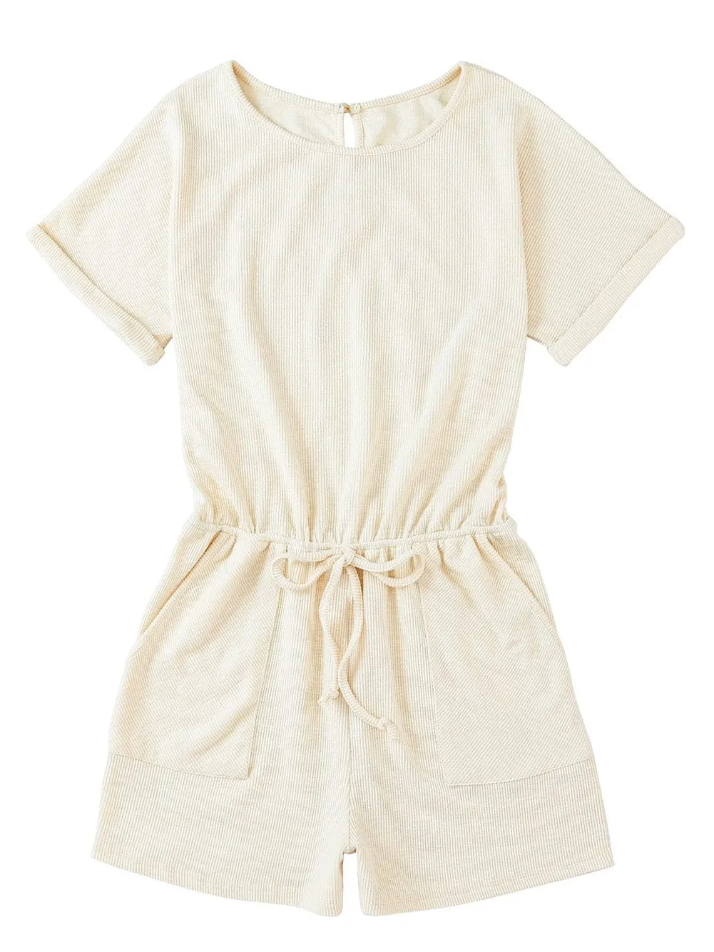 Beige Ribbed Drawstring Romper with Pockets