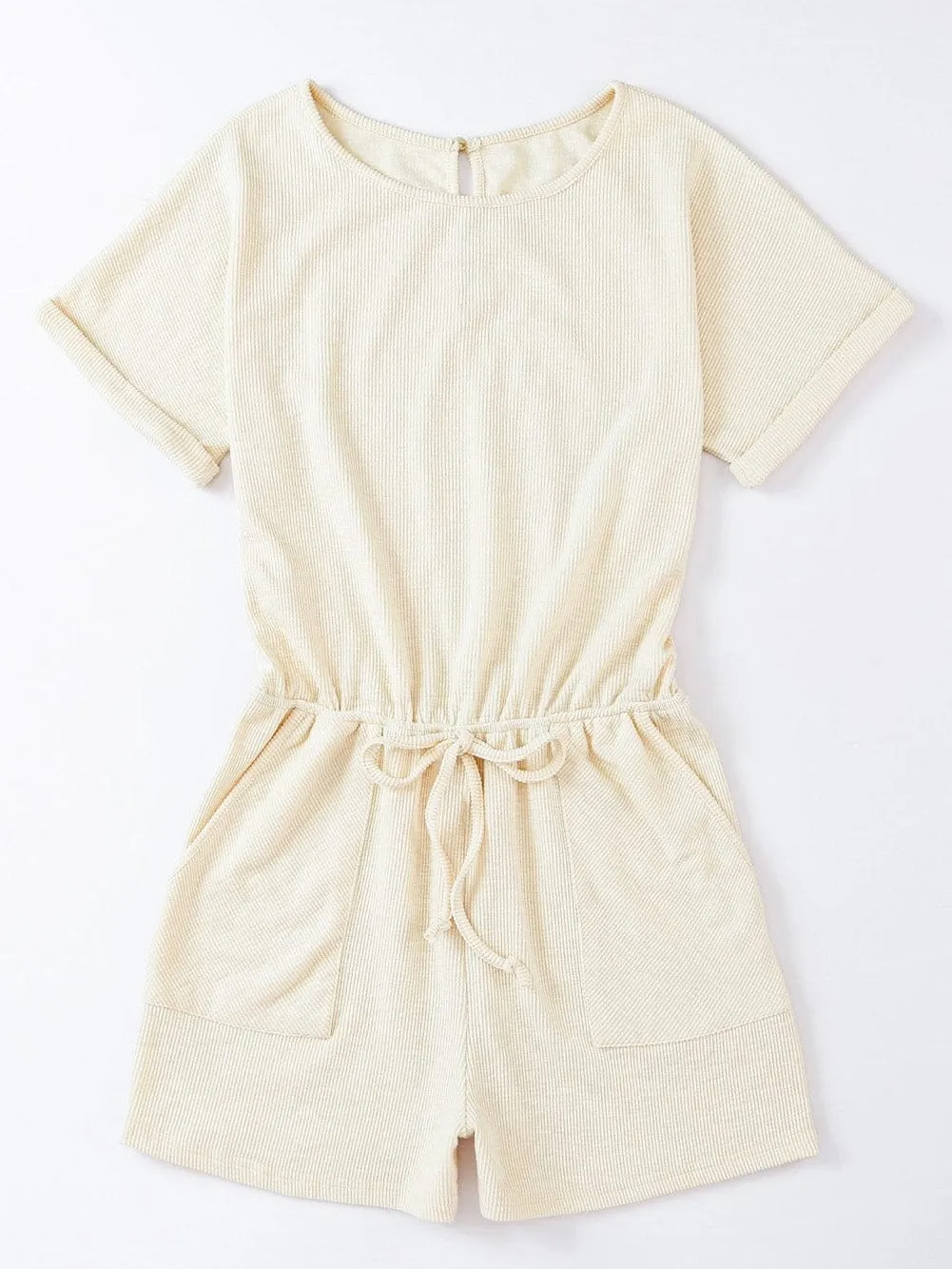 Beige Ribbed Drawstring Romper with Pockets