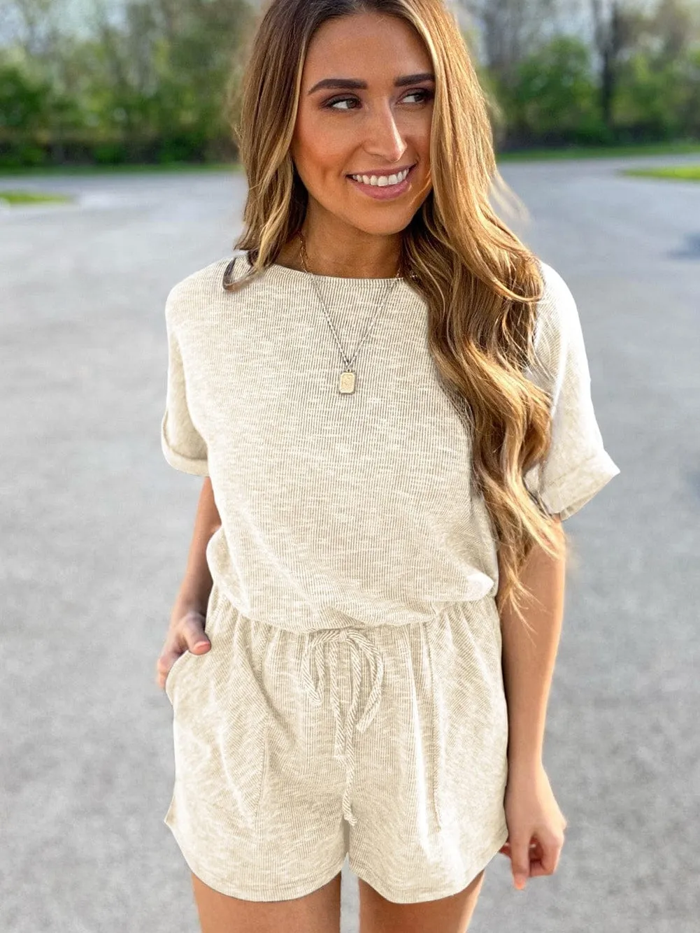 Beige Ribbed Drawstring Romper with Pockets