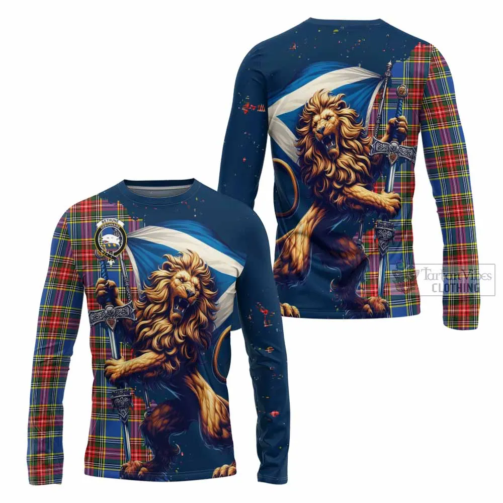 Bethune Tartan Family Crest Long Sleeve T-Shirt with Scottish Majestic Lion