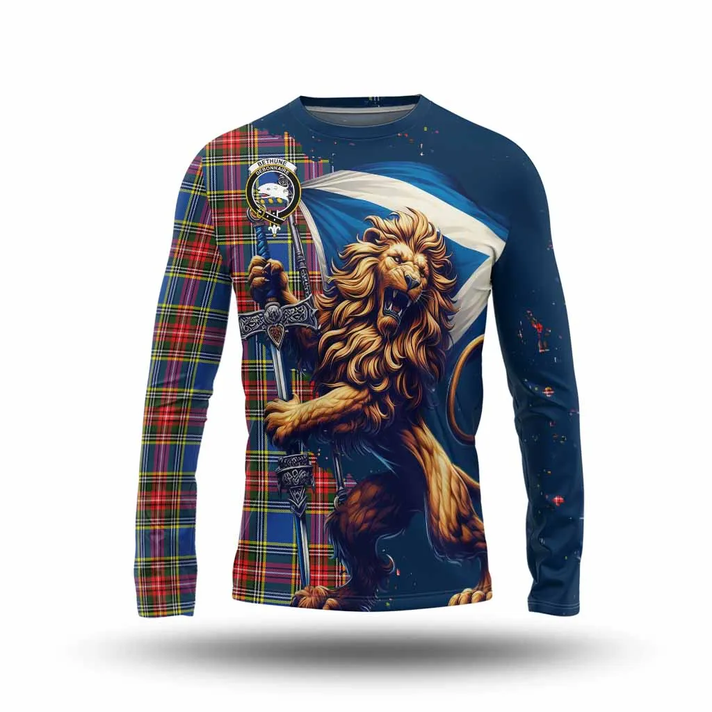 Bethune Tartan Family Crest Long Sleeve T-Shirt with Scottish Majestic Lion