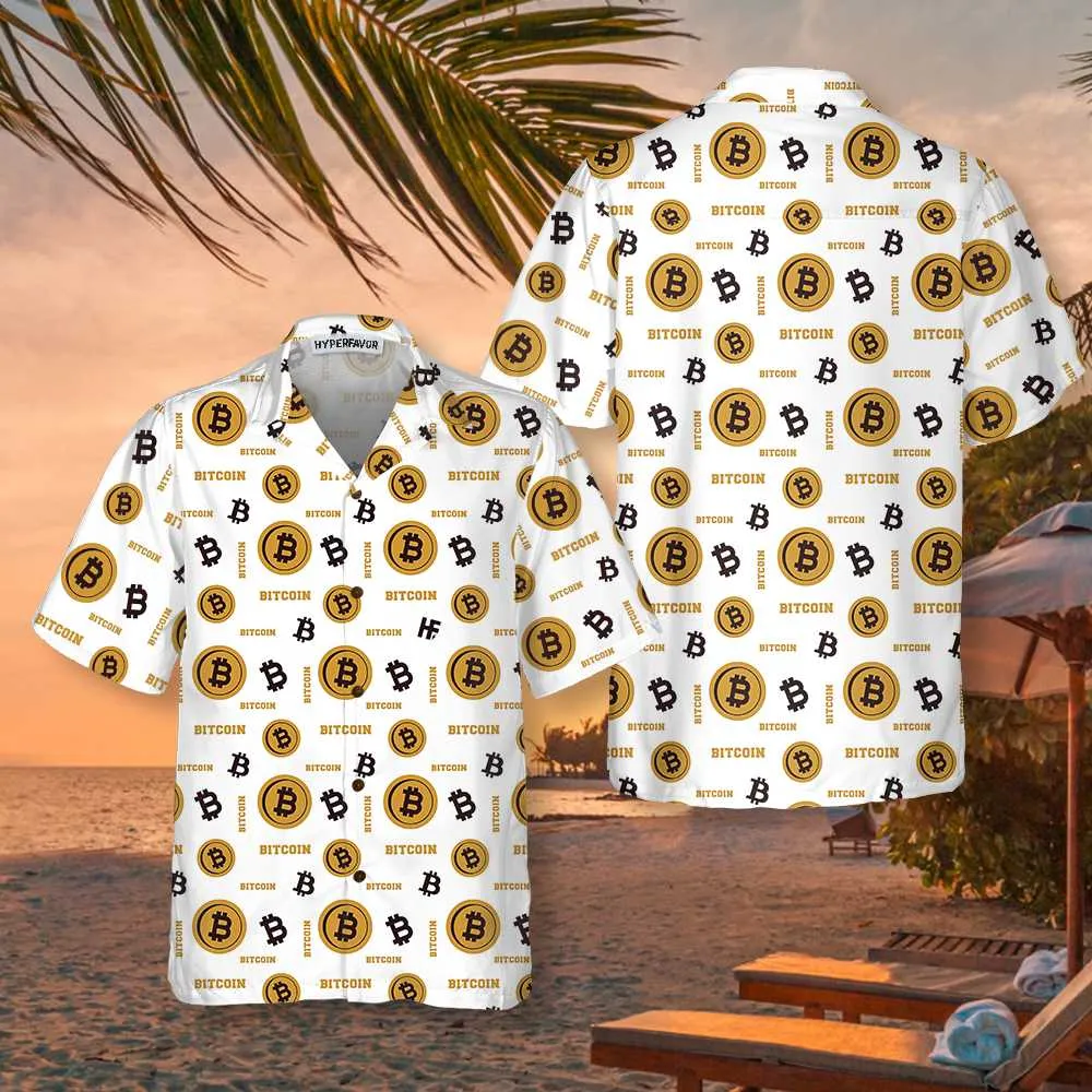 Bitcoin Seamless Pattern In White Background Hawaiian Shirt, Funny Bitcoin Shirt For Men & Women