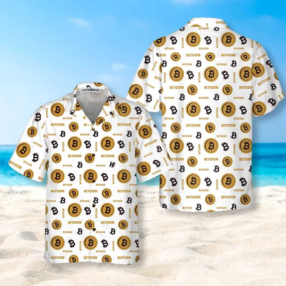 Bitcoin Seamless Pattern In White Background Hawaiian Shirt, Funny Bitcoin Shirt For Men & Women