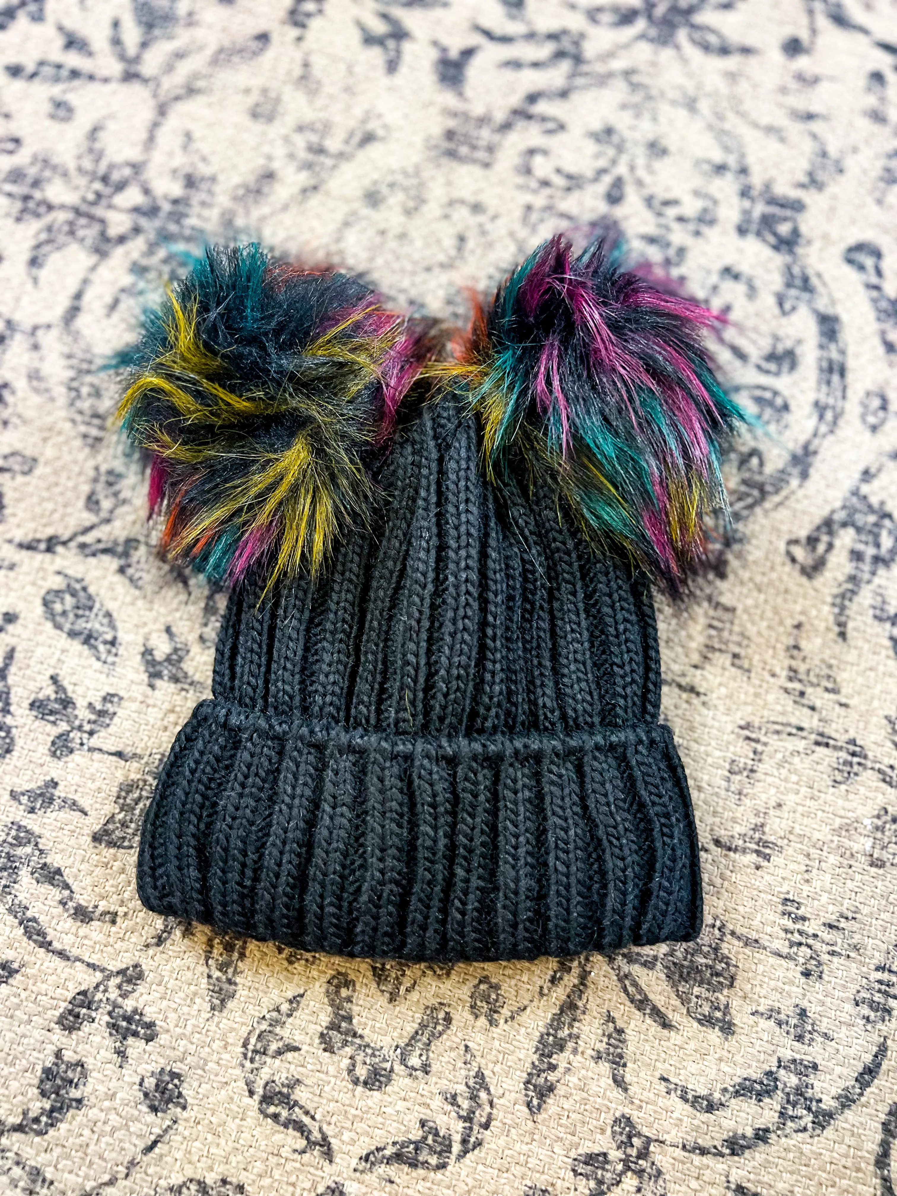 Black & Colorful Double POM Beanie