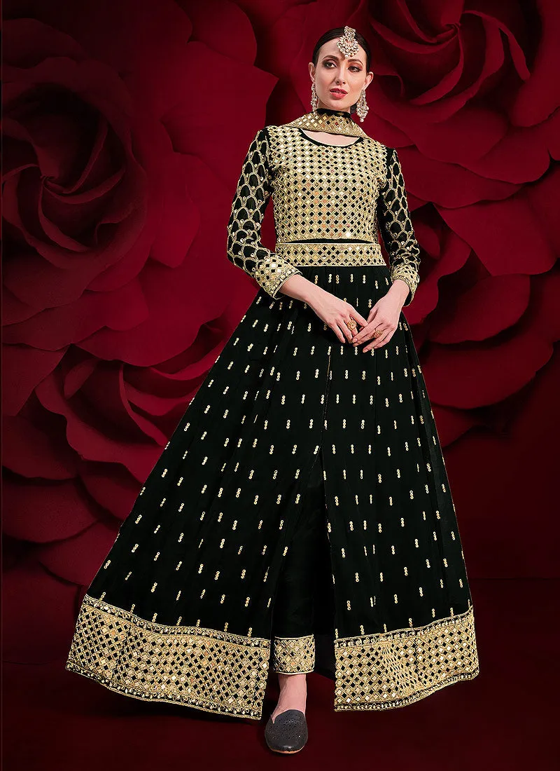 Black Golden Mirror Work Slit Style Anarkali Pant Suit